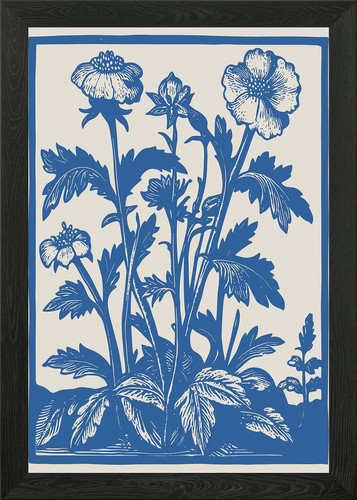 Blue floral woodcut - blue,