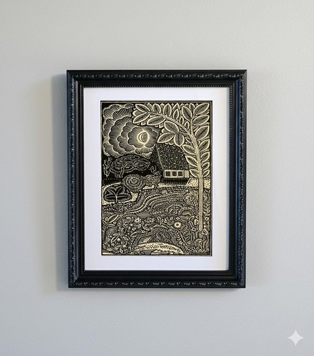 Framed black woodcut - black,