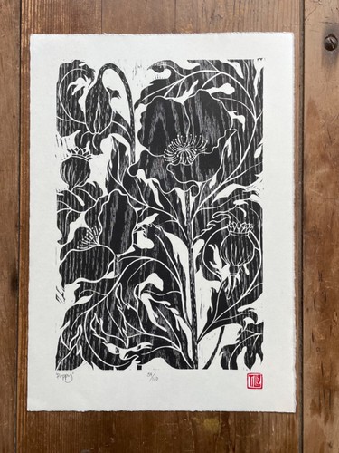 Original poppy woodcut print